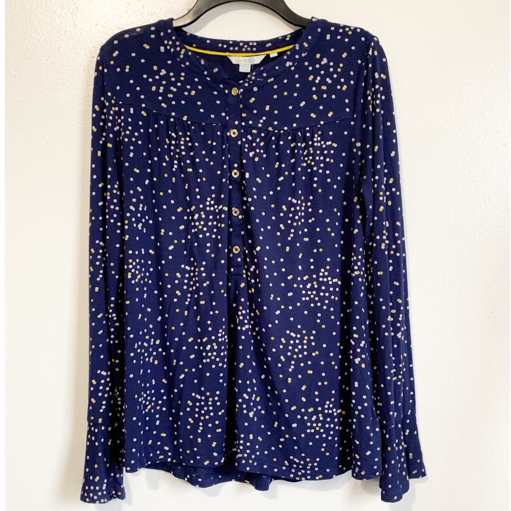 Boden Nadine Navy Confetti Modal Jersey Top Relaxed Gold Button Up Top 8 Medium